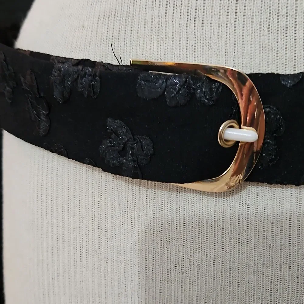 Elegant Black Floral Textured Fabric Belt with Gold Accents